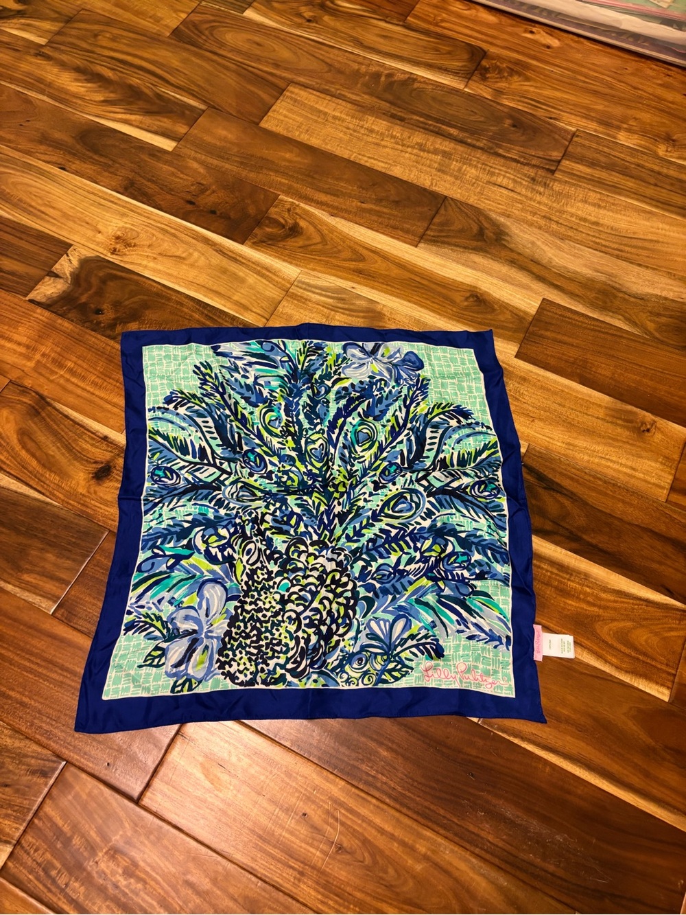 Lilly Pulitzer Blue & Green Botanical Silk Scarf with Navy Border